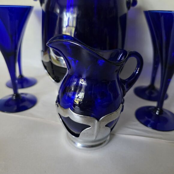 Lot Vintage Farber Bros Cobalt Blue Glass Ice Bucket, Creamer Art Deco 4 Glasses - Picture 4 of 16